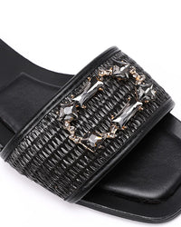 FAN-DJTF-019 Stined Buckle Slip On Straw Slippers