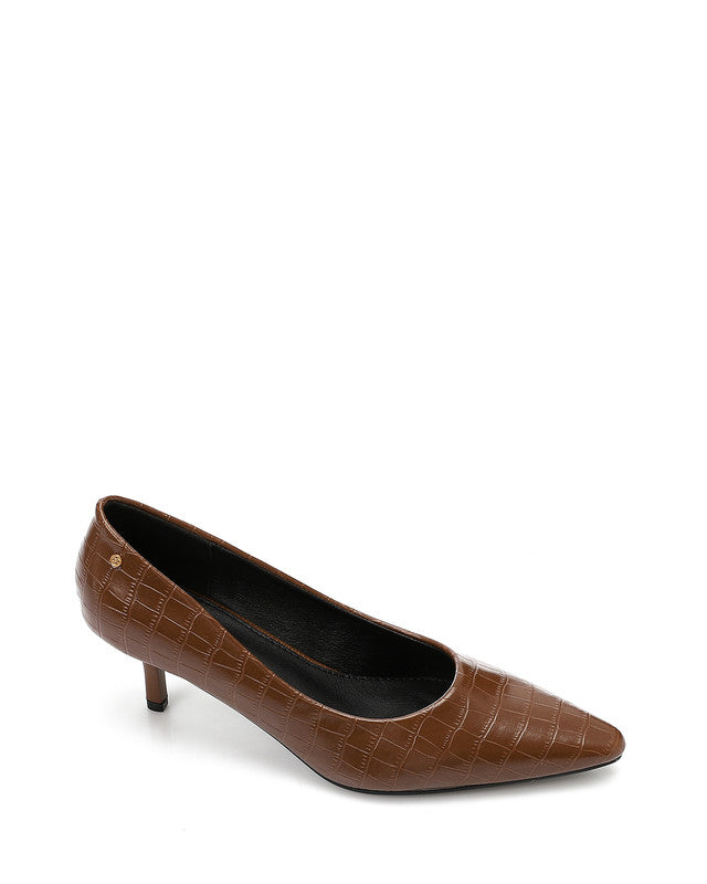 Brown high-heeled shoe on a white background