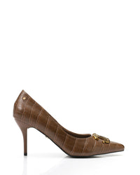 Brown crocodile-patterned high-heeled shoe with a gold buckle on a white background