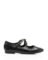 HOT-DVTX-011 Silver Studded Leather Cross Mary Jane Ballerina