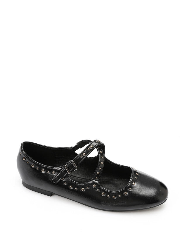 HOT-DVTX-011 Silver Studded Leather Cross Mary Jane Ballerina