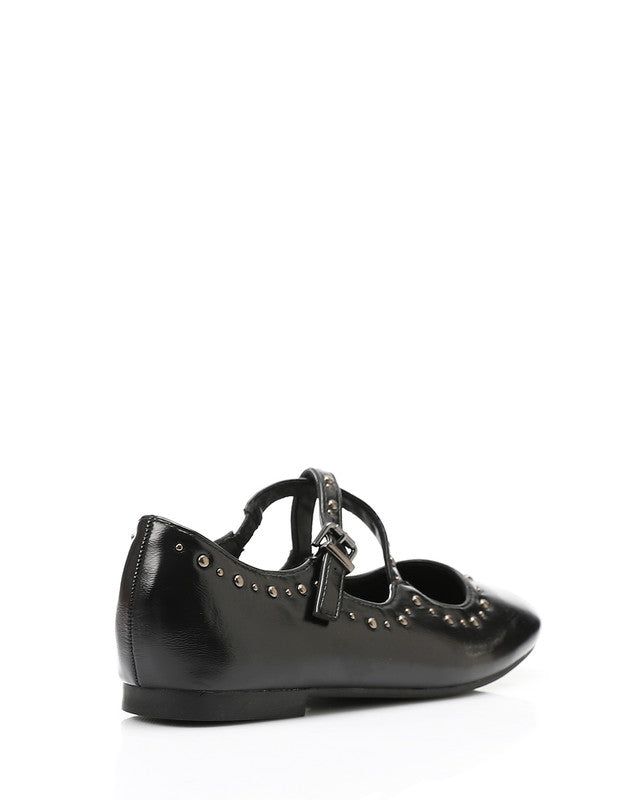 HOT-DVTX-011 Silver Studded Leather Cross Mary Jane Ballerina