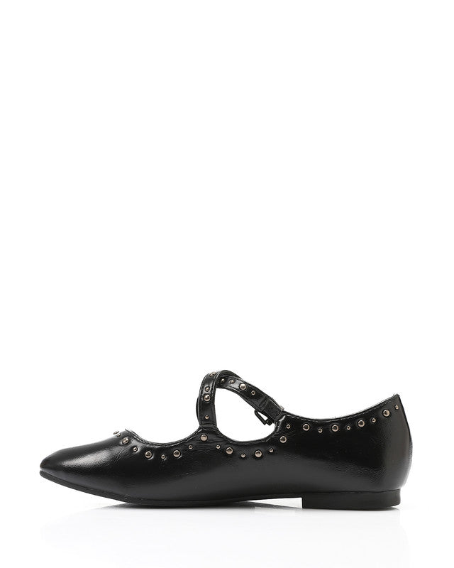 HOT-DVTX-011 Silver Studded Leather Cross Mary Jane Ballerina