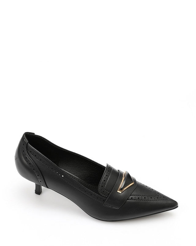 Black high-heeled shoe with a gold accent on a white background