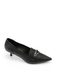 Black high-heeled shoe with a gold accent on a white background