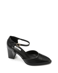 Black shoe with a small heel and strap on a white background