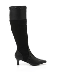 Black knee-high boot with a pointed toe and decorative elements on a white background