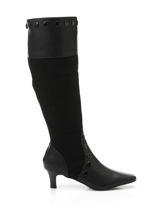 Black knee-high boot with a pointed toe and decorative elements on a white background