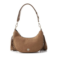 Brown suede handbag with fringe details on a white background